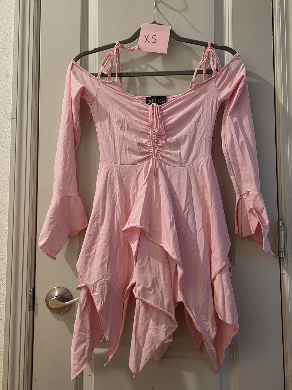 Current Mood Pink Off-Shoulder Asymmetrical Handkerchief Hem Dress